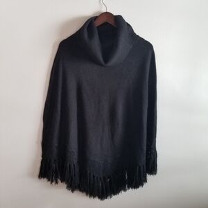 Groggy Black Fringed Knitted Poncho Cowl Neck Sweater Size Small